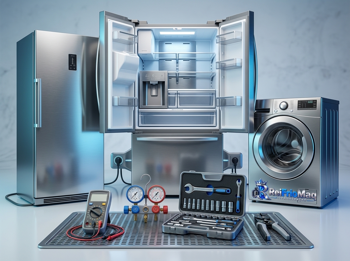 Composição com geladeira, freezer, máquina de lavar e ferramentas profissionais de refrigeração